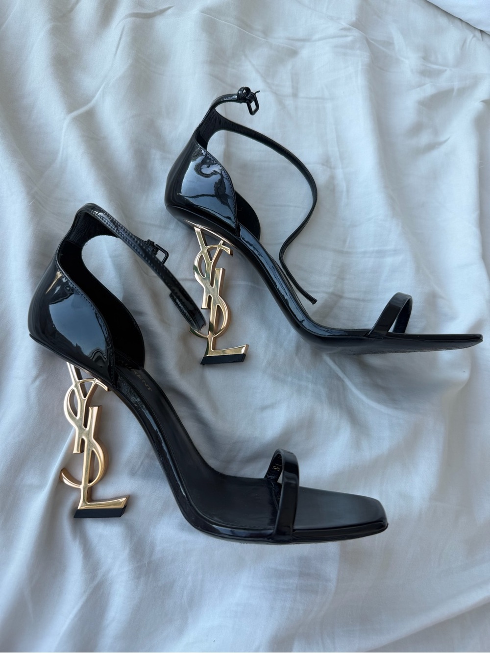 Saint Laurent Black Patent Ankle-Strap Sandal with Gold YSL Heel